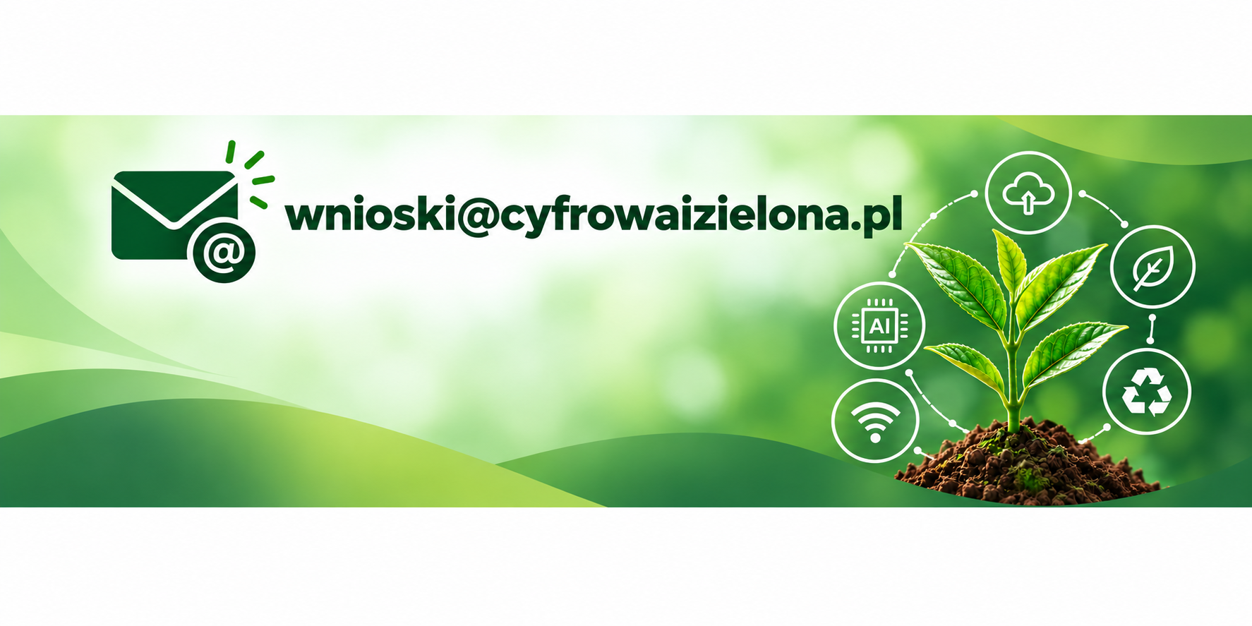 Grafika informacyjna dotycząca uruchomienia adresu e-mail dla programu „Pożyczka na cyfrową i zieloną transformację” ze środków Funduszy Europejskich i PARP.